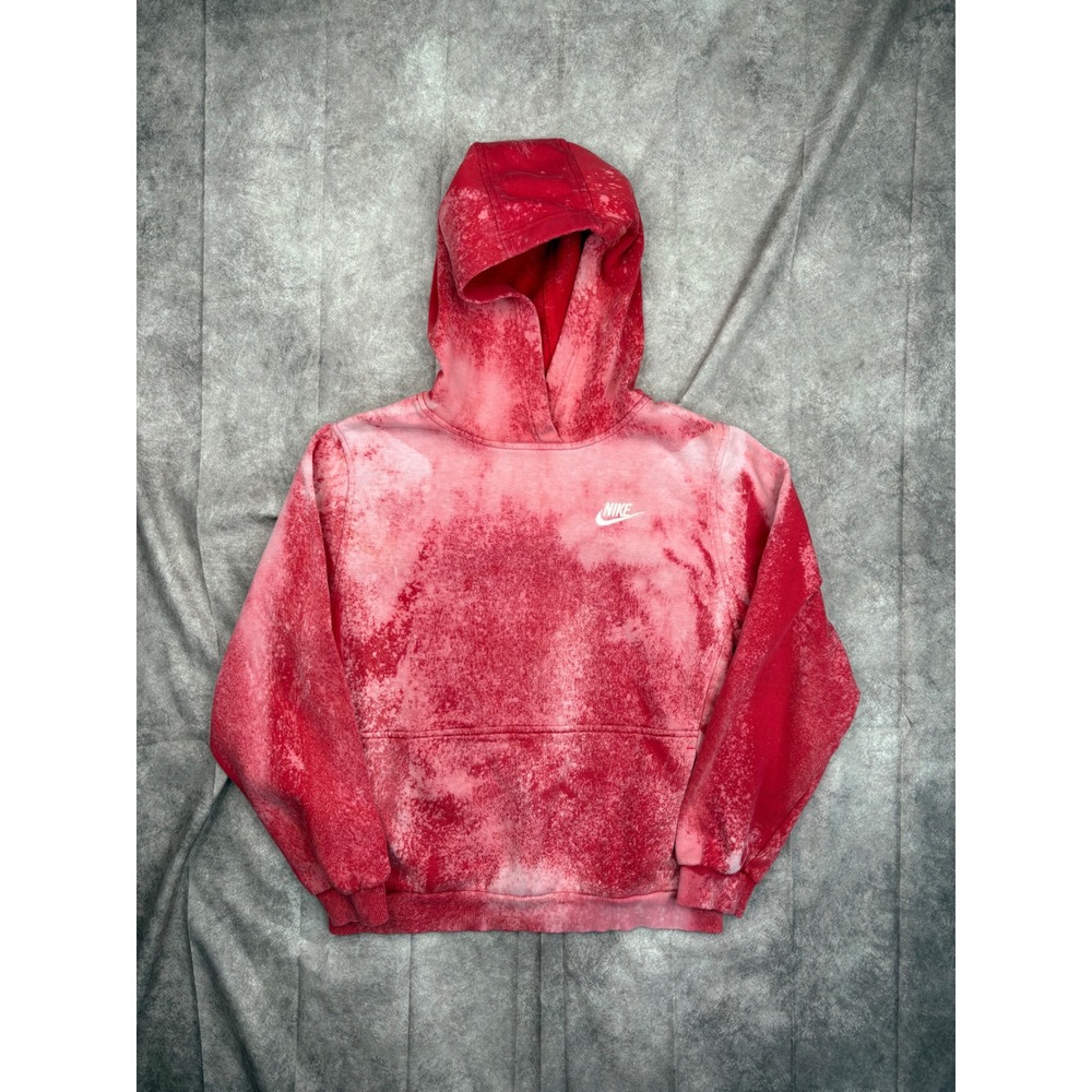 Nike Boys XL Hoodie Red White Acid Wash Bleach Dye Sportswear Fleece Pullover